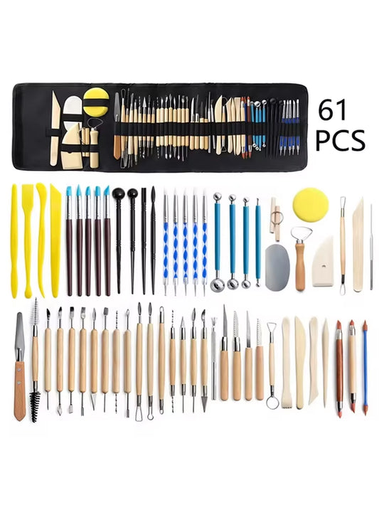 61Pcs/Set Pottery Clay Tools Sculpting Kit with Bag Beginner'S Craft Ceramic Polymer Shapers Modeling Carved Ceramic DIY Tools