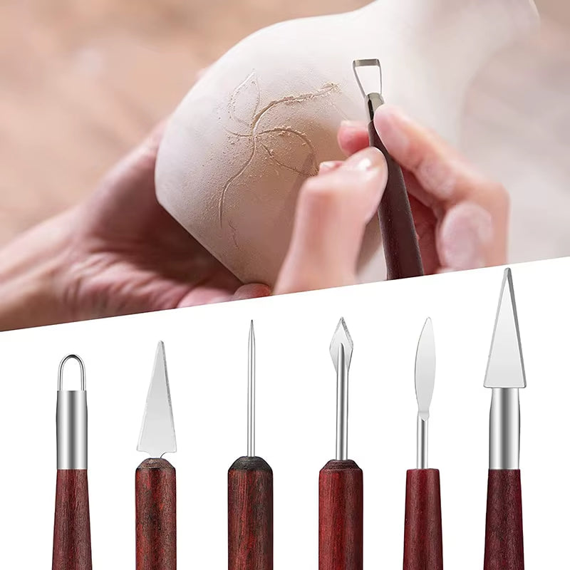 6PCS Sculpting Pottery Clay Tools Wood Handle Pottery Set Wax Carving Sculpt Smoothing Shaper Pottery Clay Ceramic Tool